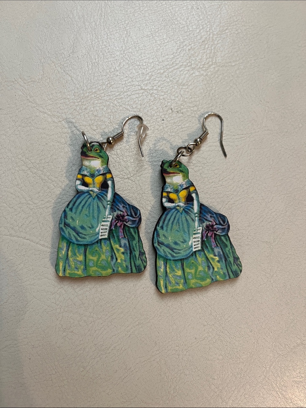 Novelty Frog Lady Drop Earrings in Green and Blue